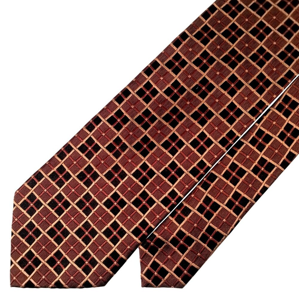 Burma Bibas 100% Silk Tie 59"x3.75 Brown Gold And Black Plaid Preppy Retro